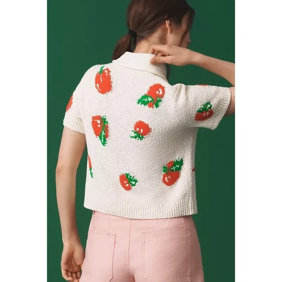 NWT Size XXS - Maeve Veggie Motif Graphic Sweater Tomato Collared Cardigan - Picture 3 of 16